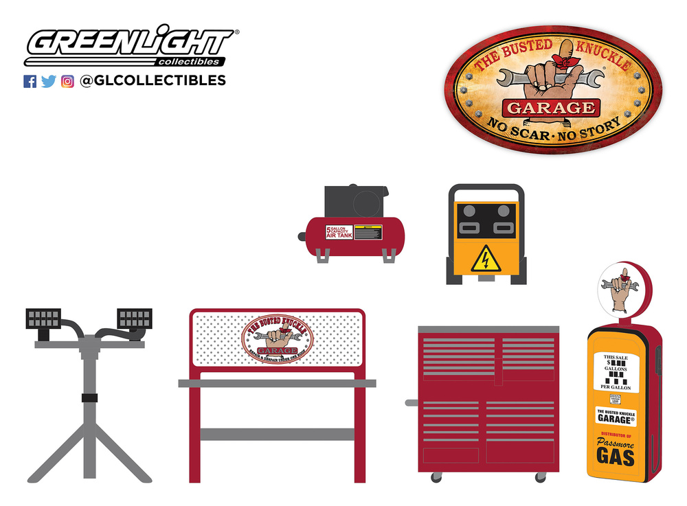 Conjunto de herramientas Auto Body Shop Busted Knuckle Garage Greenlight 16020B 1/64 