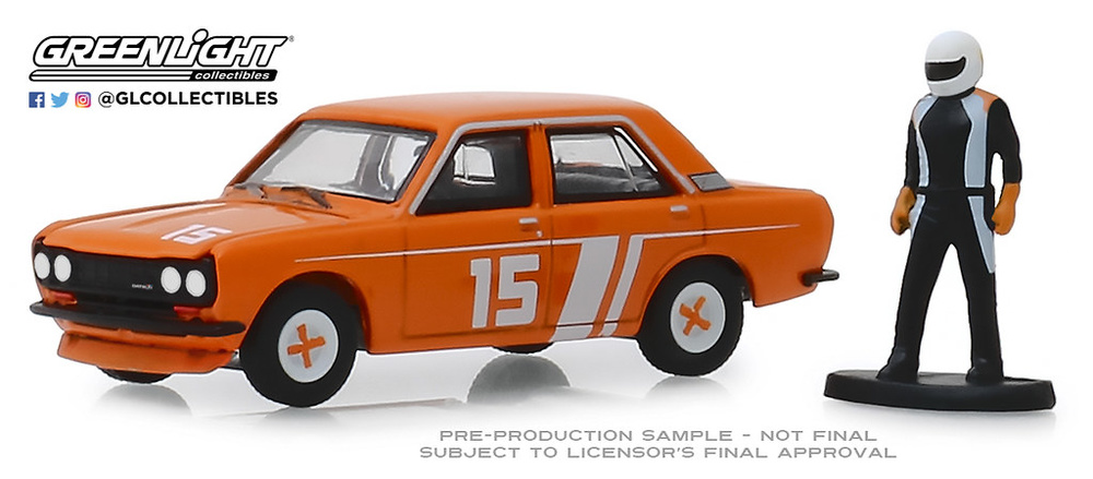 Datsun 510 4 puertas sedan con piloto de carreras (1970) Greenlight 97070D 1/64 