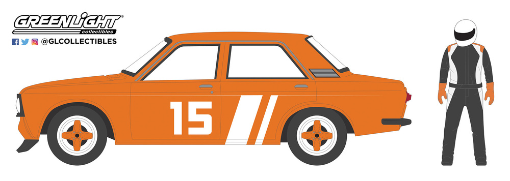 Datsun 510 4 puertas sedan con piloto de carreras (1970) Greenlight 97070D 1/64 