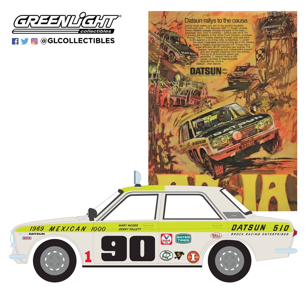 Datsun 510 Sedán nº 90 (1969) México 1000 “Datsun Rallys To The Cause” Greenlight 39020B 1/64 