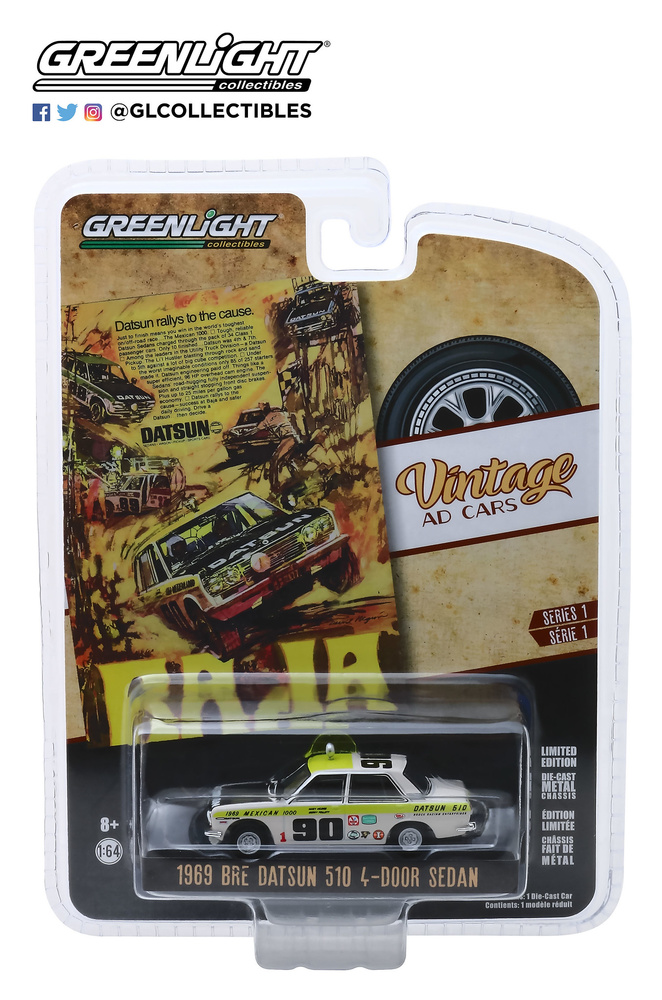 Datsun 510 Sedán nº 90 (1969) México 1000 “Datsun Rallys To The Cause” Greenlight 39020B 1/64 