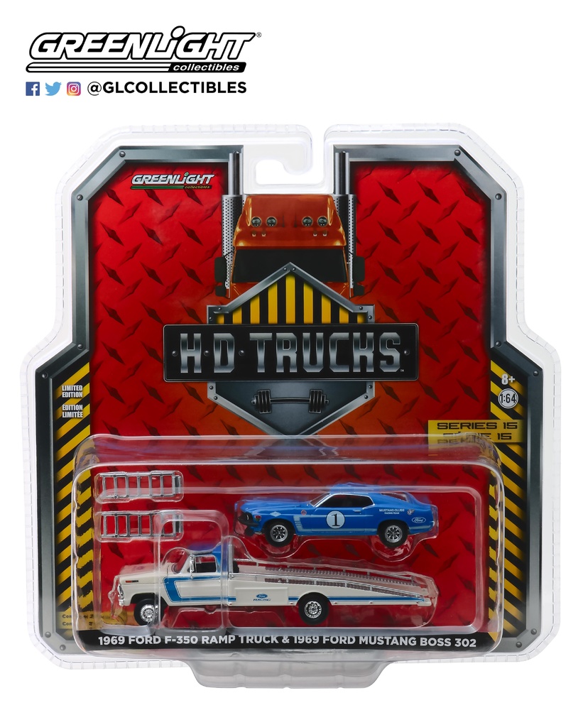 Ford F-350 Plataforma + Ford Mustang Boss 302 nº 1 Mustang Racing Club (1969) Greenlight 33150A 1/64 