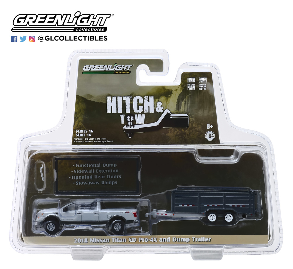 Nissan Titan XD Pro 4X + remolque doble eje (2018) Greenlight 32160D 1/64 