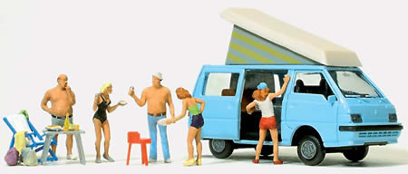 Set de 5 Figuras con Mitsubishi Camper y accesorios Preiser 1/87 
