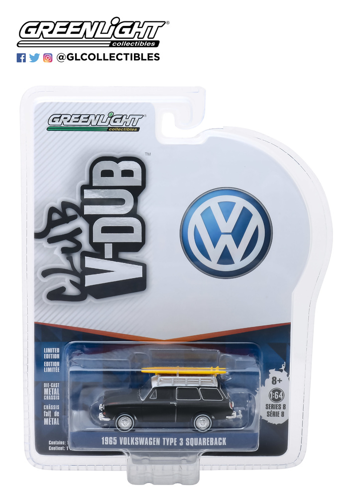 Volkswagen Tipo 3 Squareback con baca y tabla de surf (1965) Greenlight 29940B 1/64 