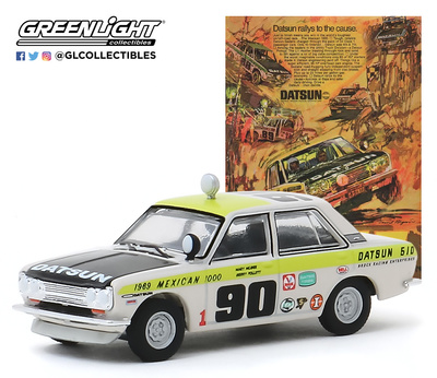 Datsun 510 Sedán nº 90 (1969) México 1000 “Datsun Rallys To The Cause” Greenlight 1/64 