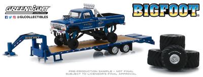 Ford F250 Bigfoot nº 1 Monster Truck con trailer y juego de neumáticos de 66" Greenlight 1/64