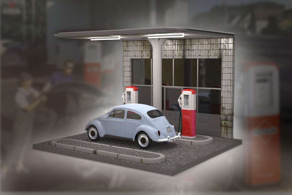 Diorama de Gasolinera Figurenmanufaktur 89-18xxxx 1:18 El VW Escarabajo no se incluye con el diorama