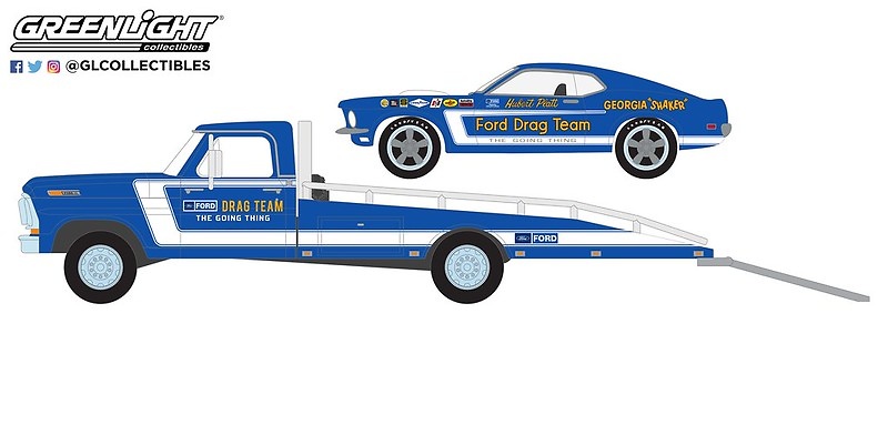 Ford F-350 plataforma con Ford Mustang 69' (Ford Drag Team) Greenlight 33240A 1/64 