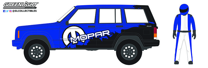 Jeep Cherokee Sport MOPAR con figura de piloto (2001) Greenlight 97120E 1/64 