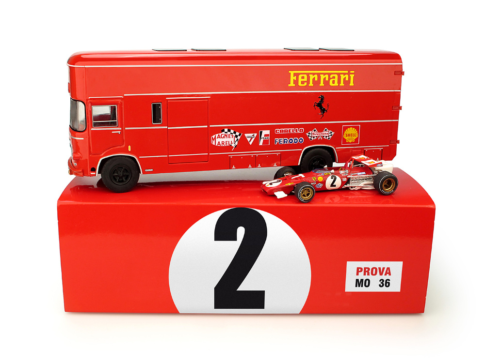 Set Transporte OM 160 Rolfo Escuderia Ferrari + 1 Ferrari 312B T-Car nº 2 J. Ickx (1970) Brumm TS04 1:43 