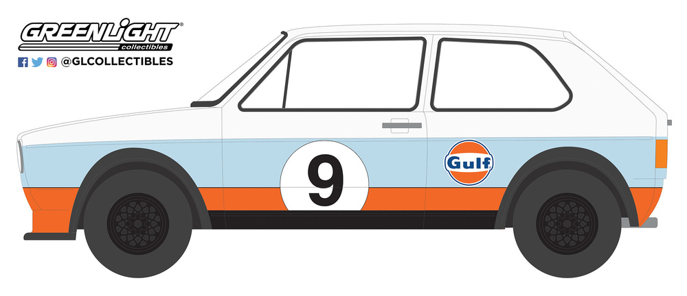 Maqueta dLe Volkswagen Golf Nº 9 Gulf de 1974 fabricada por Greenlight en miniatura a escala 1/64 